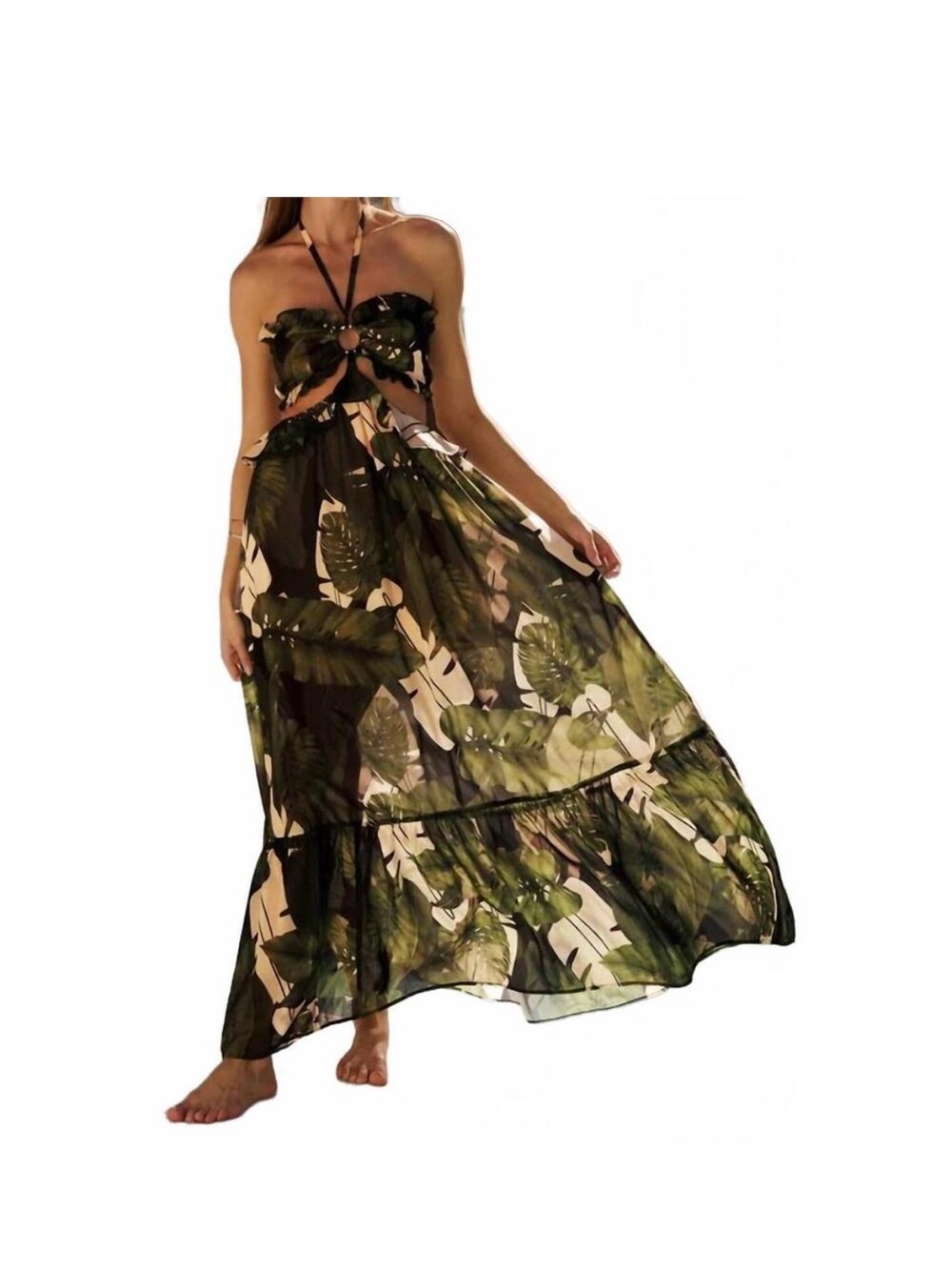 Tropical Green & Cream Strapless Maxi Dress with Halter Tie